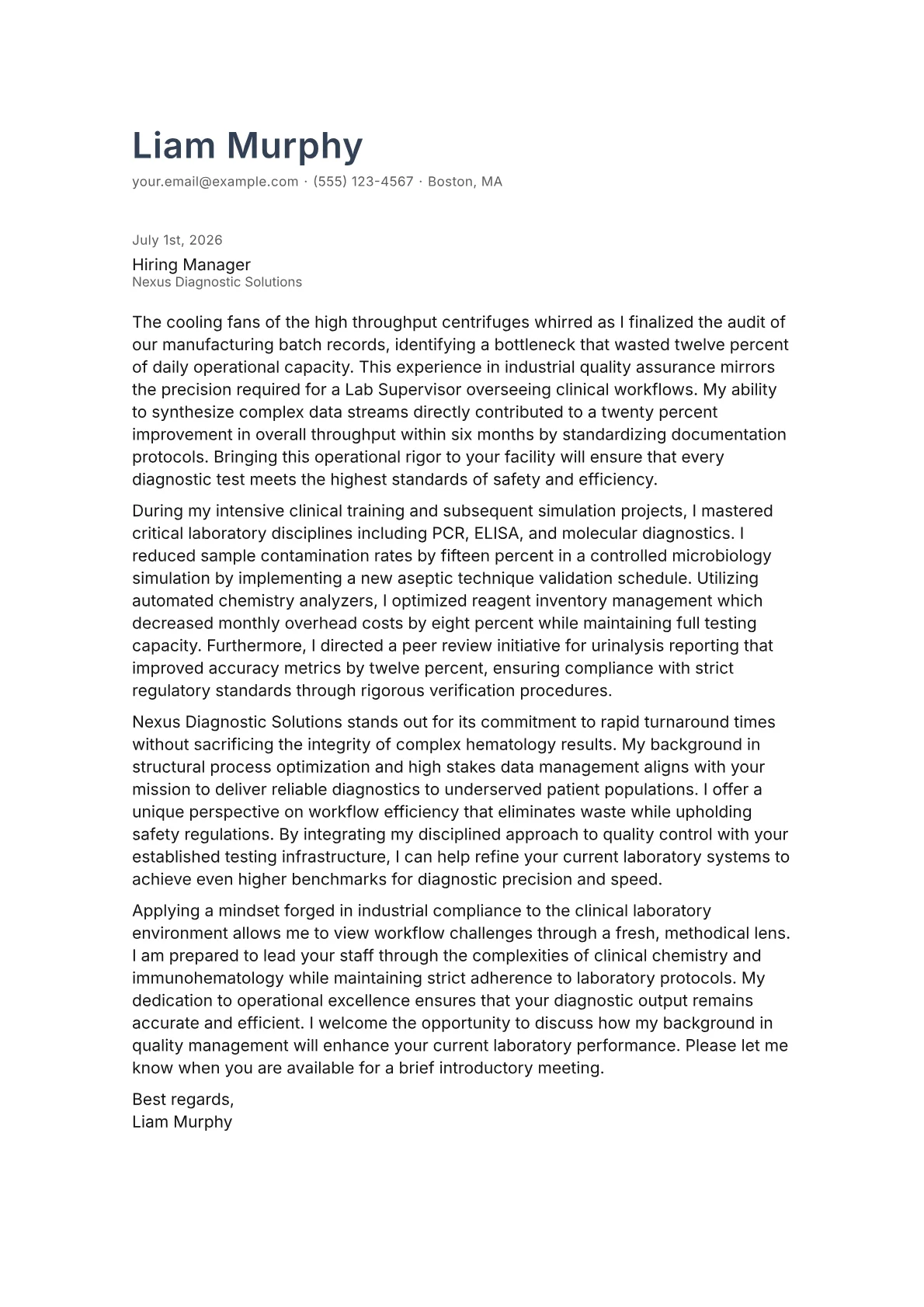 Lab Supervisor cover letter in the Minimal design