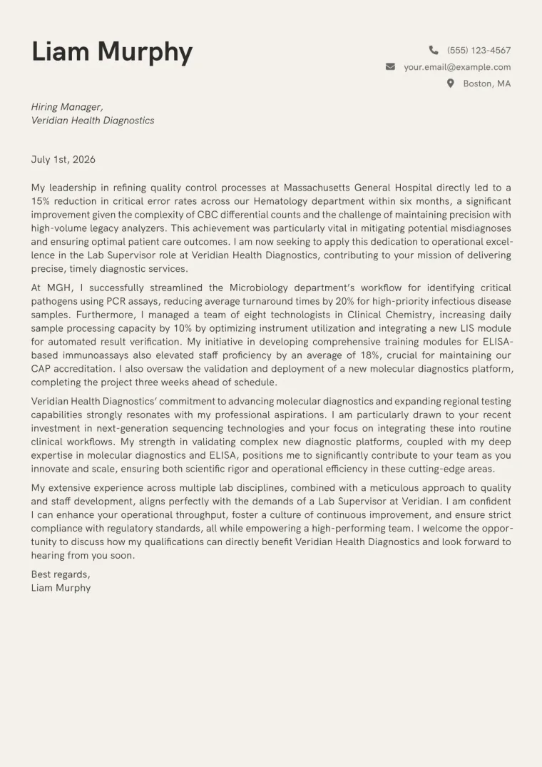 Lab Supervisor cover letter example preview