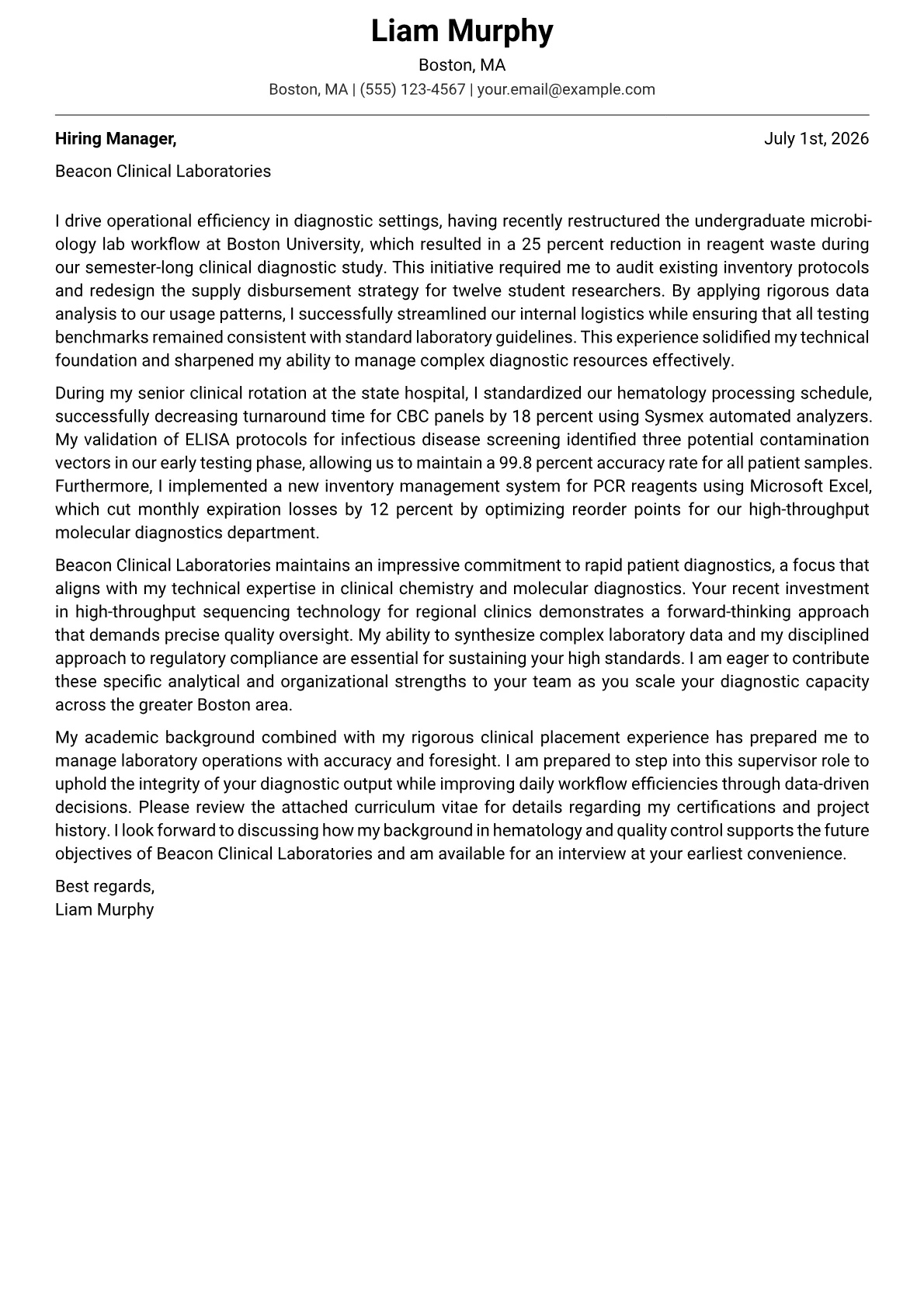 Lab Supervisor cover letter in the Modern design