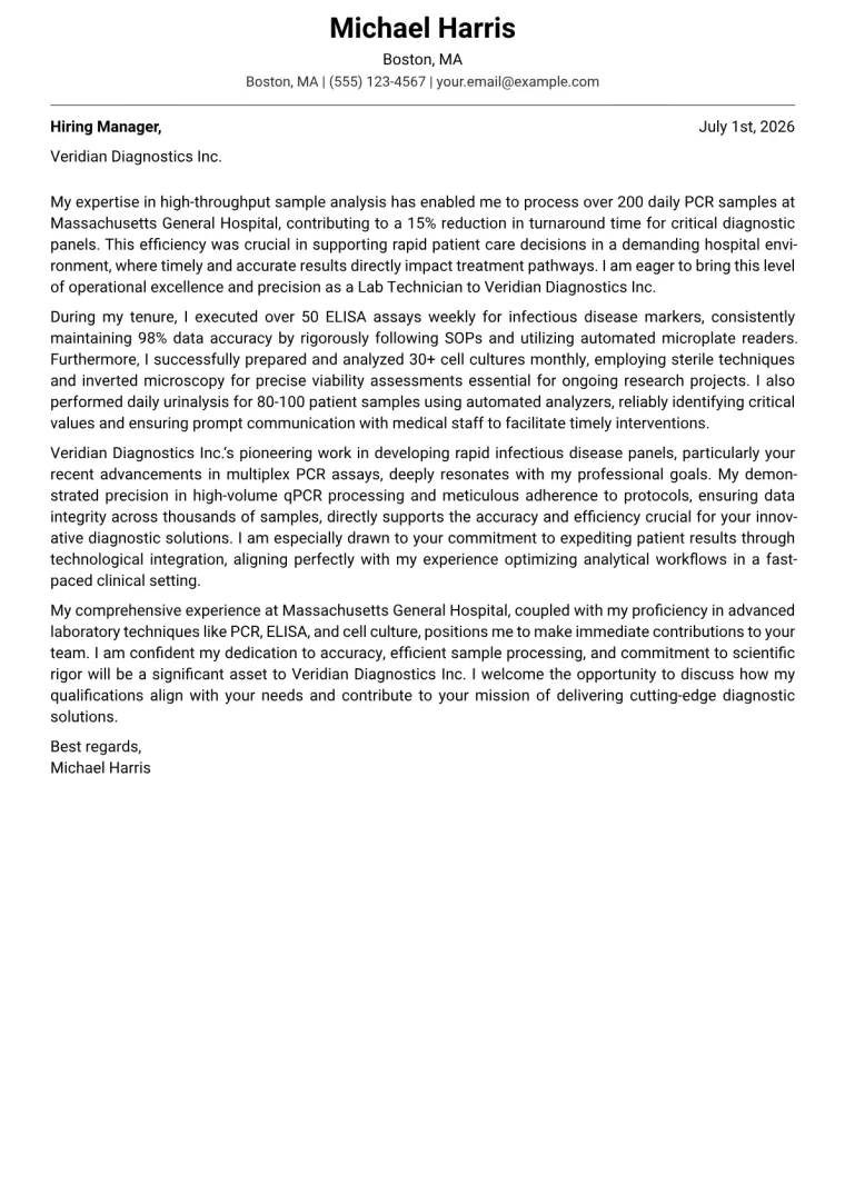 Lab Technician Cover Letter Example
