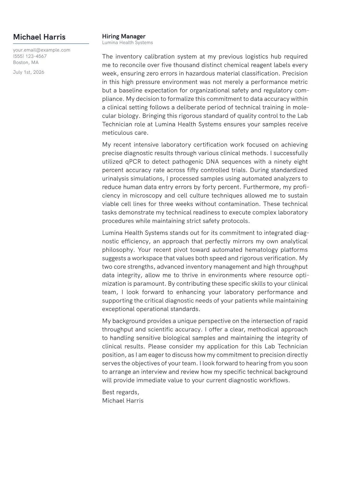 Lab Technician cover letter in the Margin design