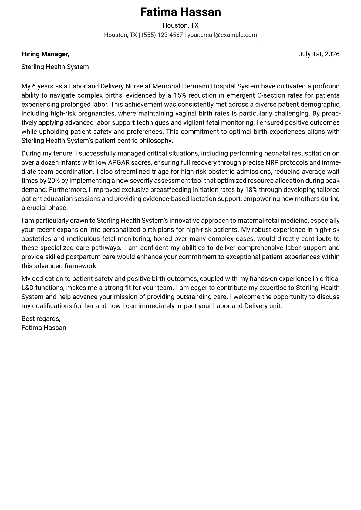 Labor and Delivery Nurse cover letter formatted with a JobSprout template