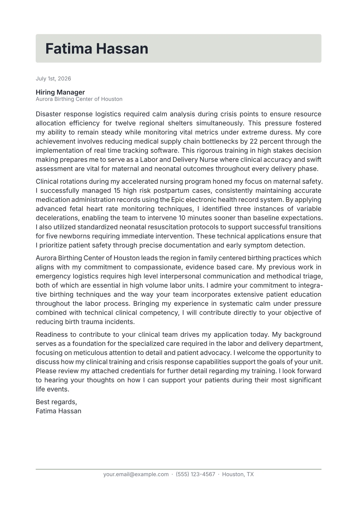 Labor and Delivery Nurse cover letter in the Letterhead design
