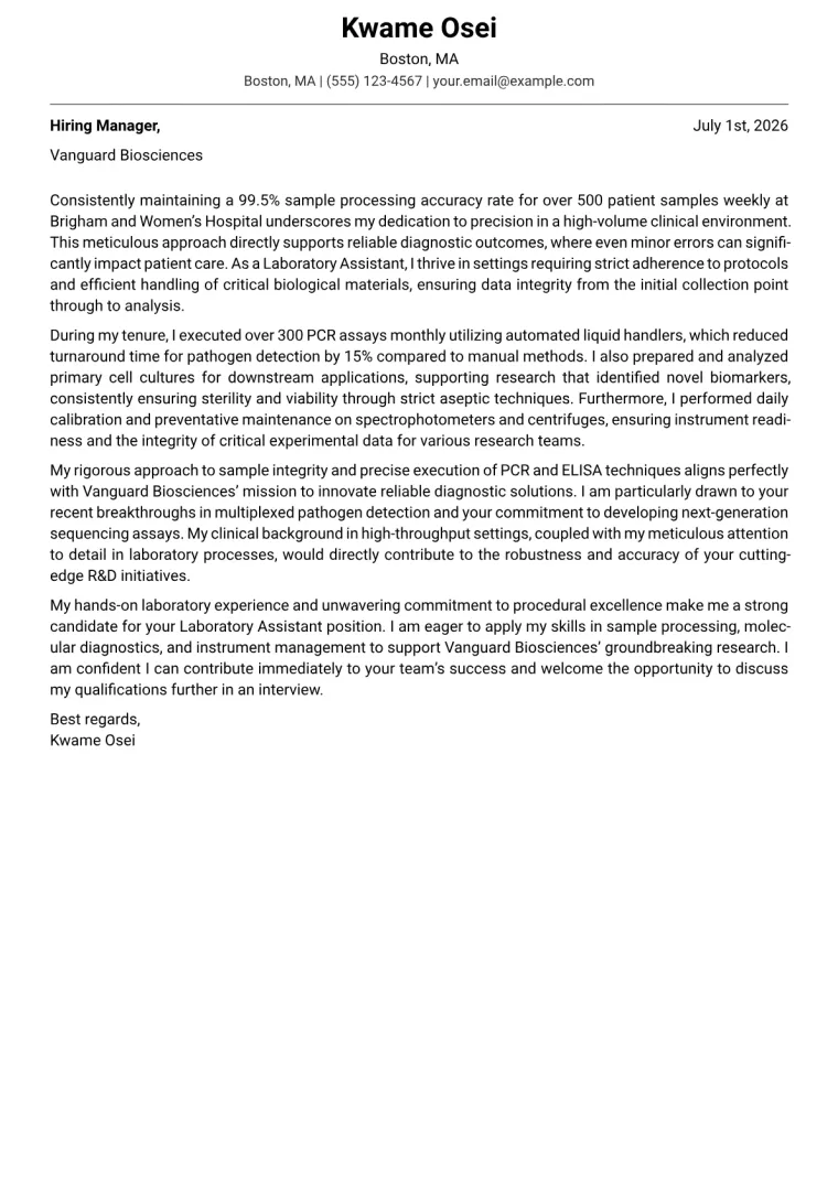 Laboratory Assistant cover letter example