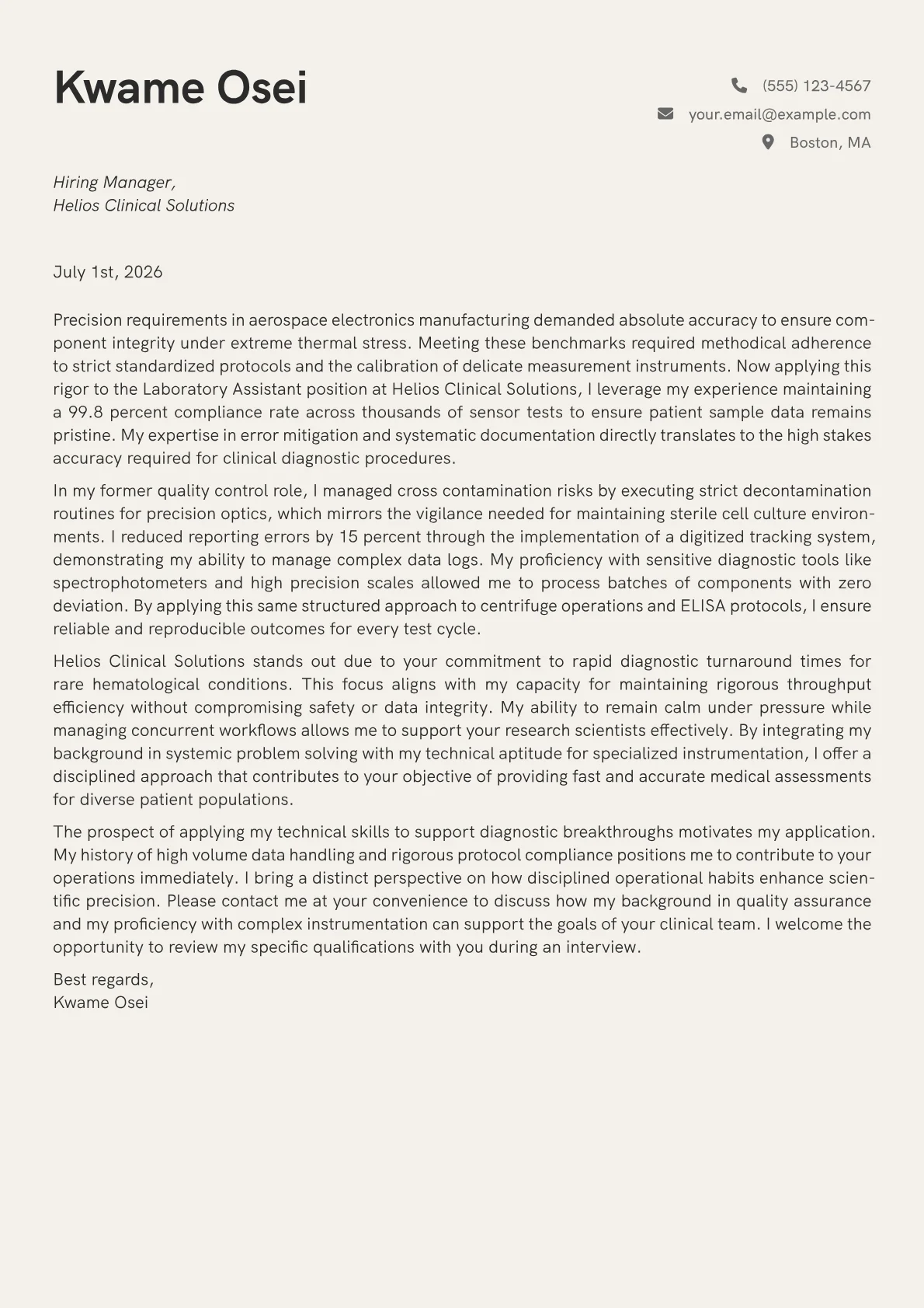 Laboratory Assistant cover letter in the Creative design