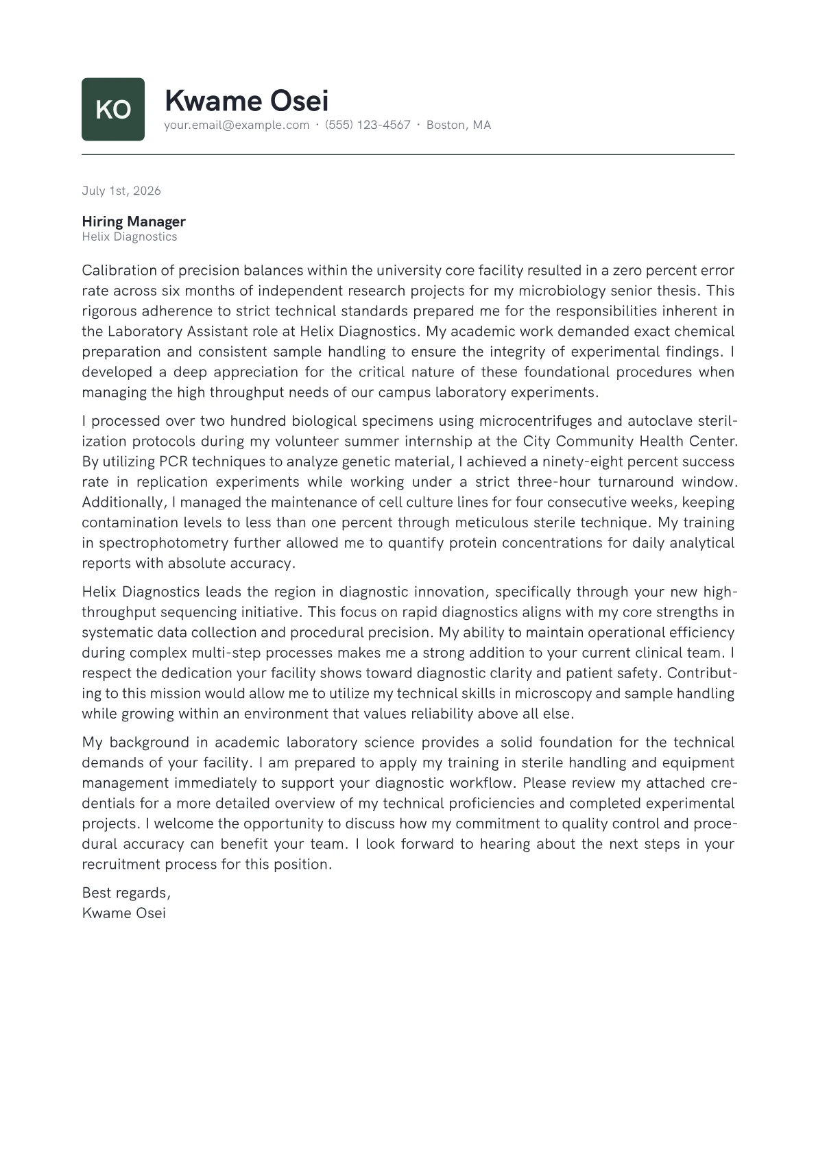 Laboratory Assistant cover letter in the Emblem design