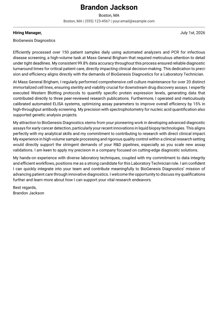 Laboratory Technician cover letter example
