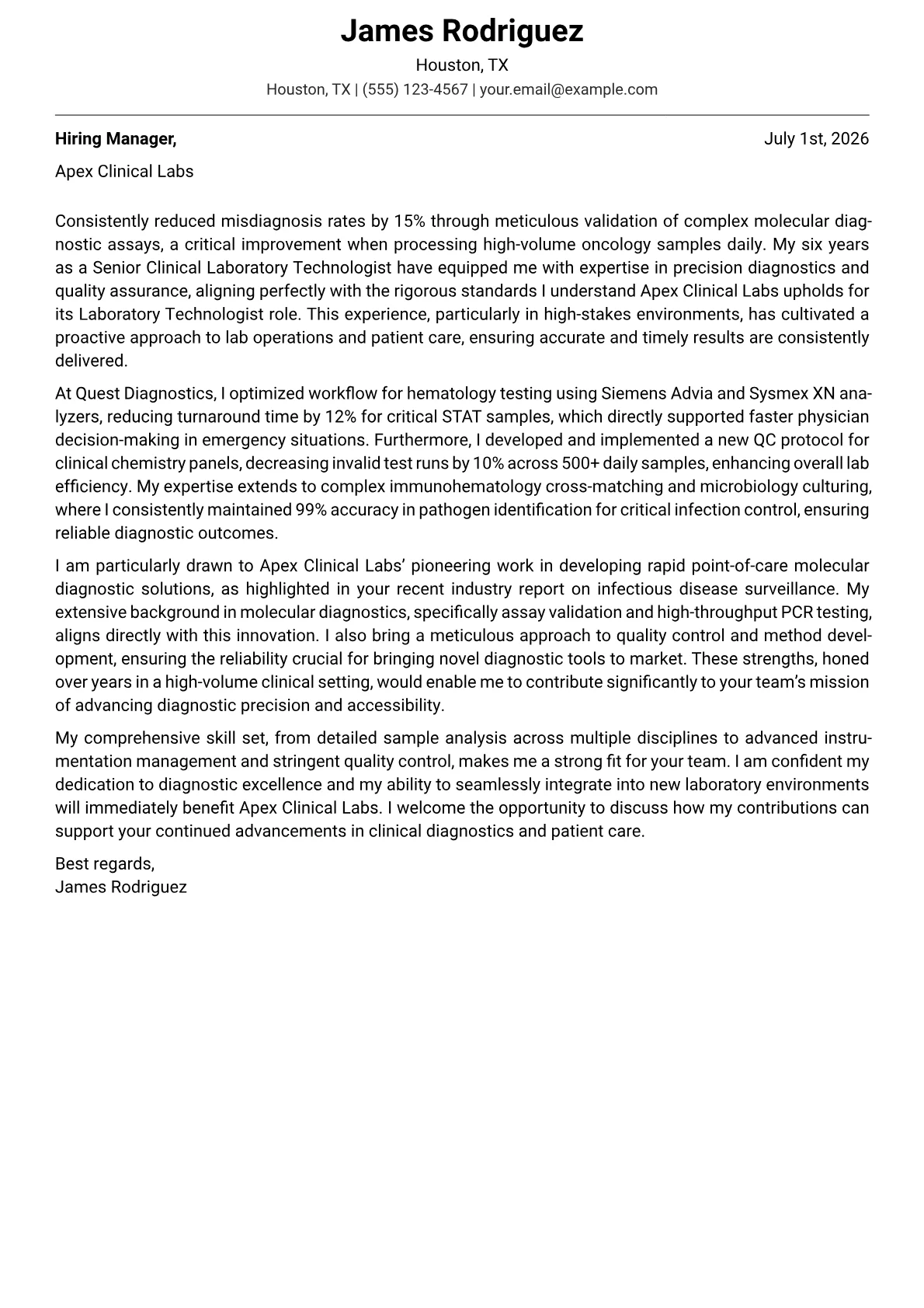 Laboratory Technologist cover letter formatted with a JobSprout template