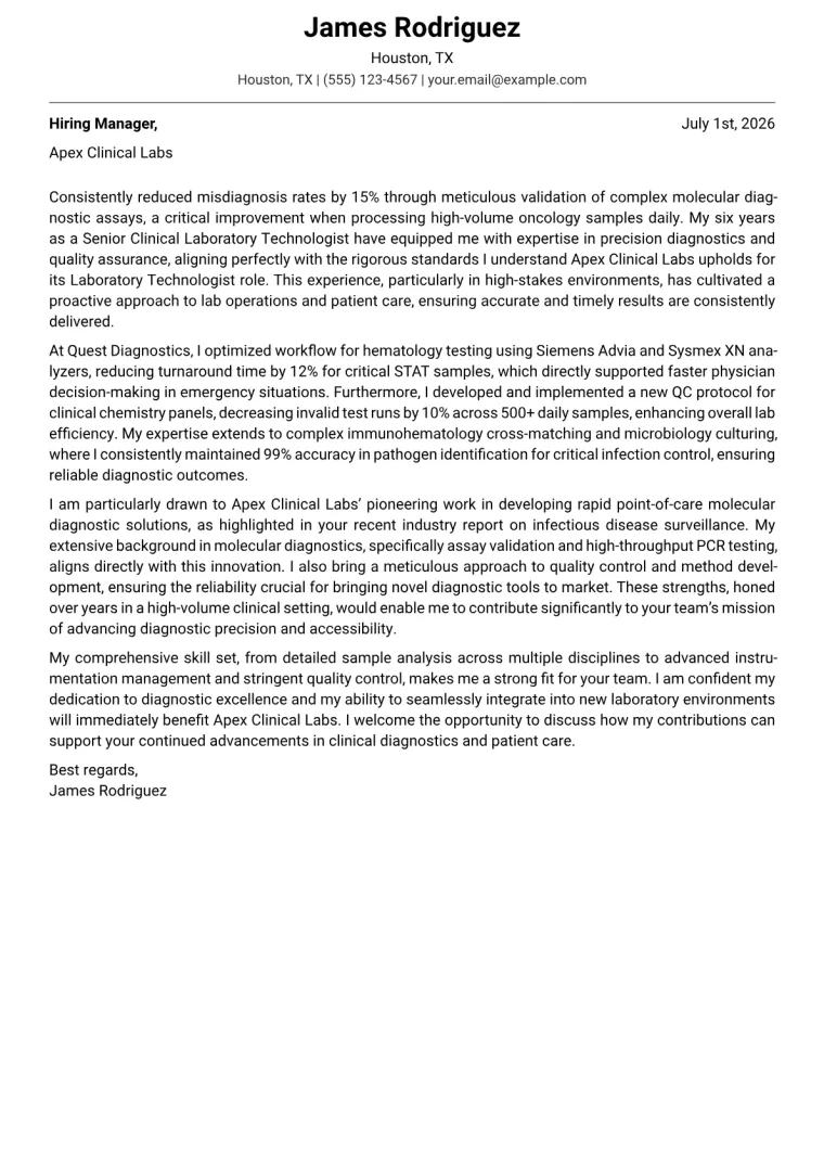 Laboratory Technologist Cover Letter Example