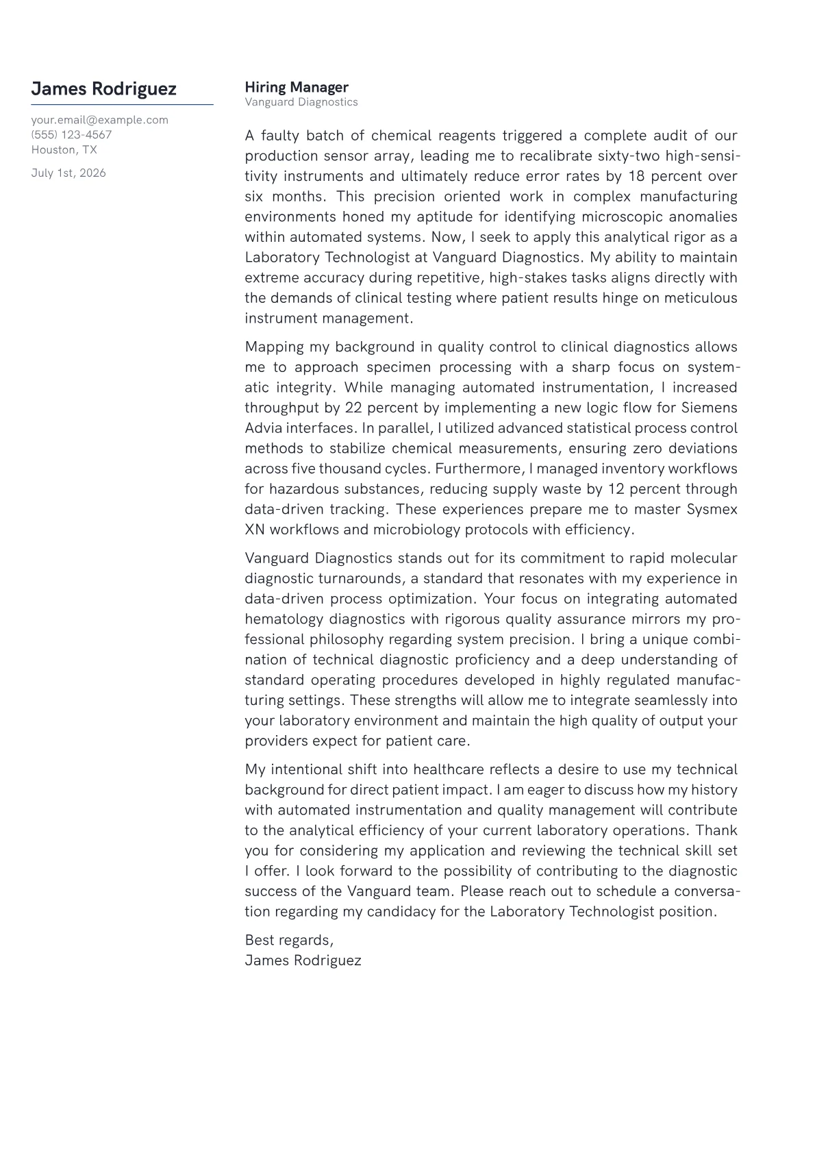 Laboratory Technologist cover letter in the Margin design