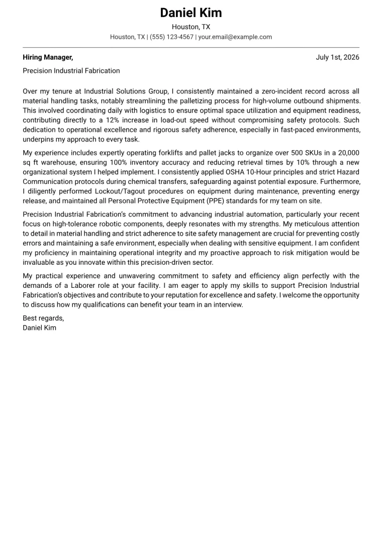 Laborer cover letter example preview