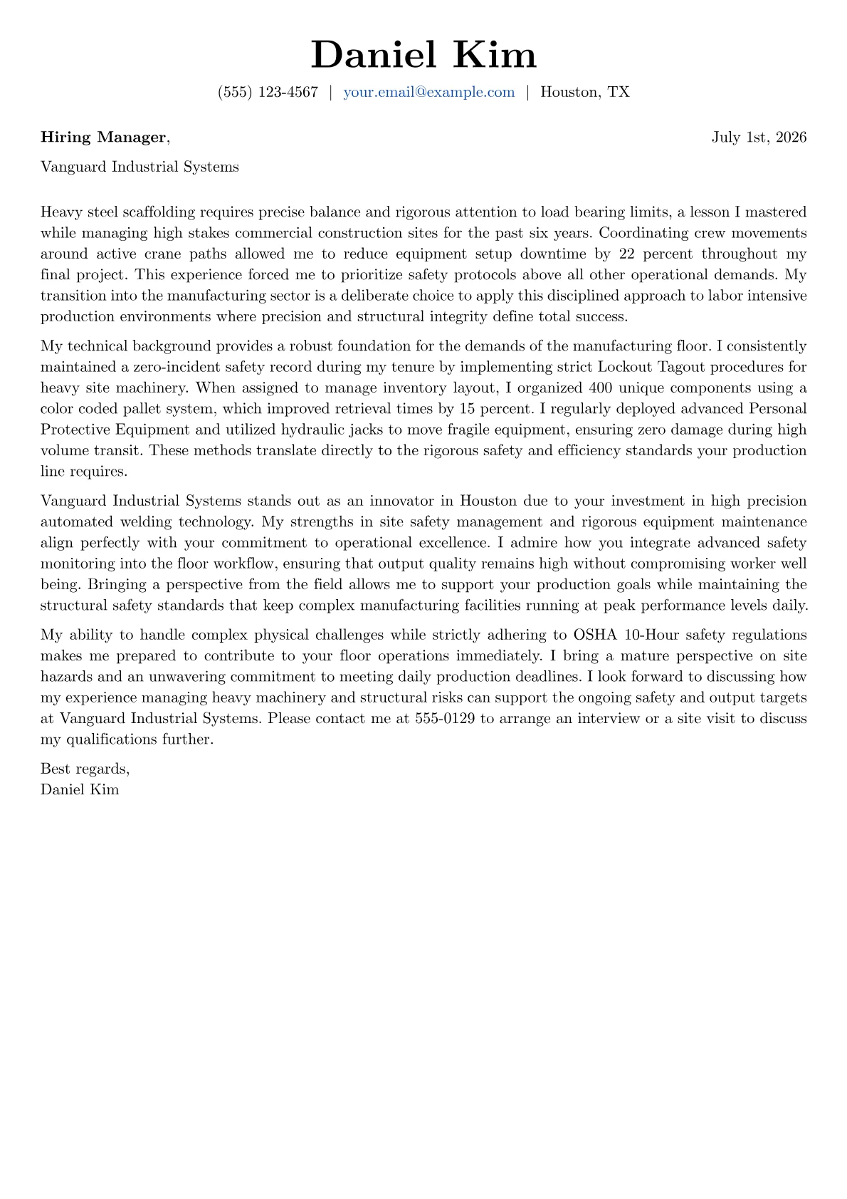 Laborer cover letter in the Basic design