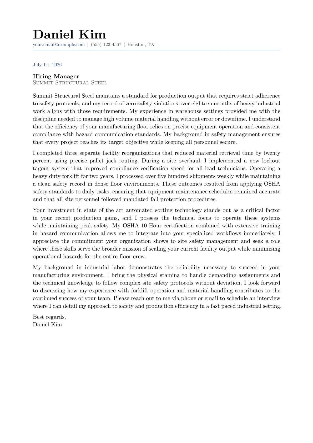 Laborer cover letter in the Classic design