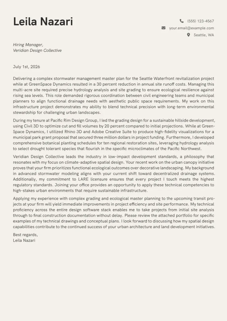 Landscape Architect cover letter example