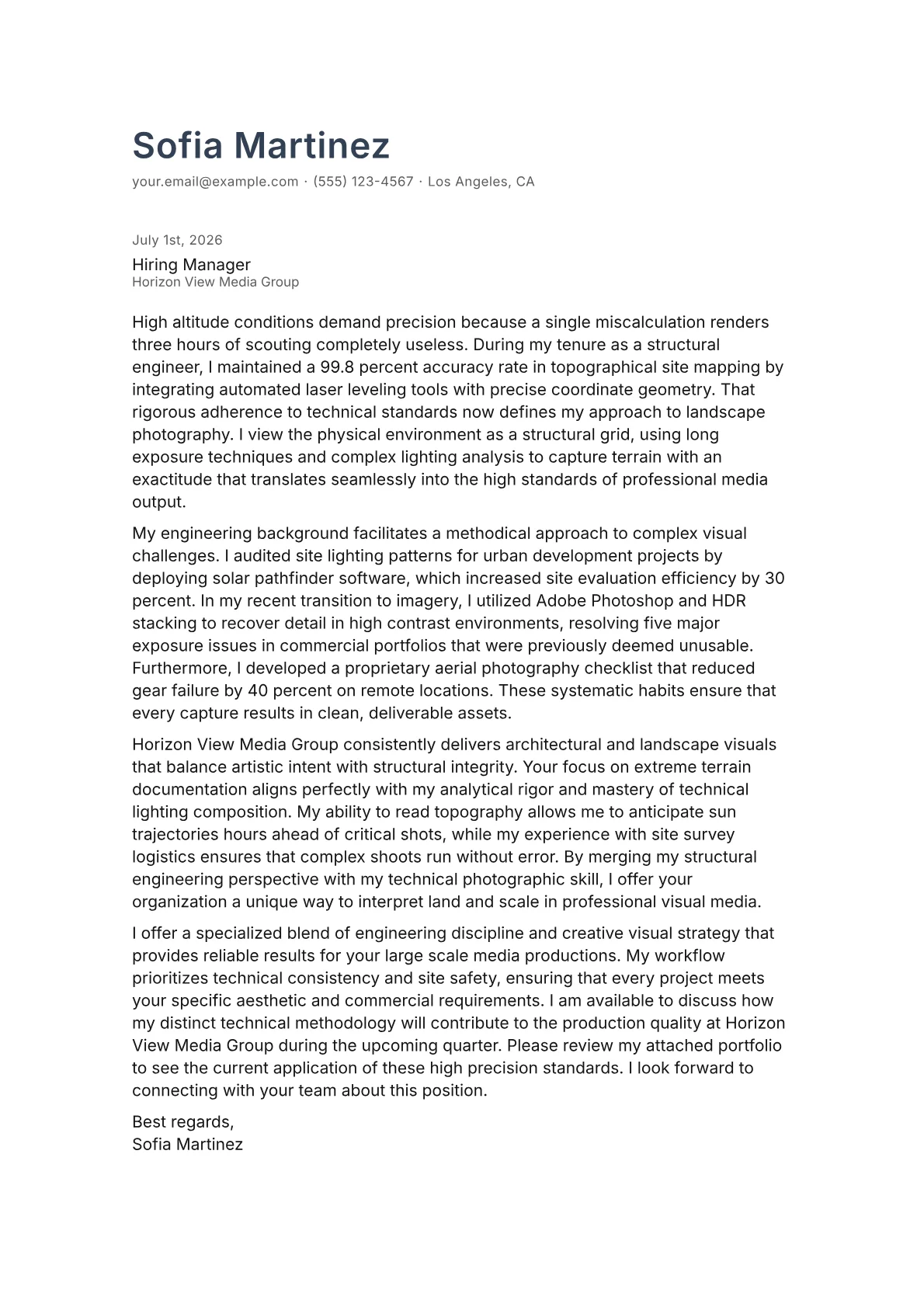 Landscape Photographer cover letter in the Minimal design