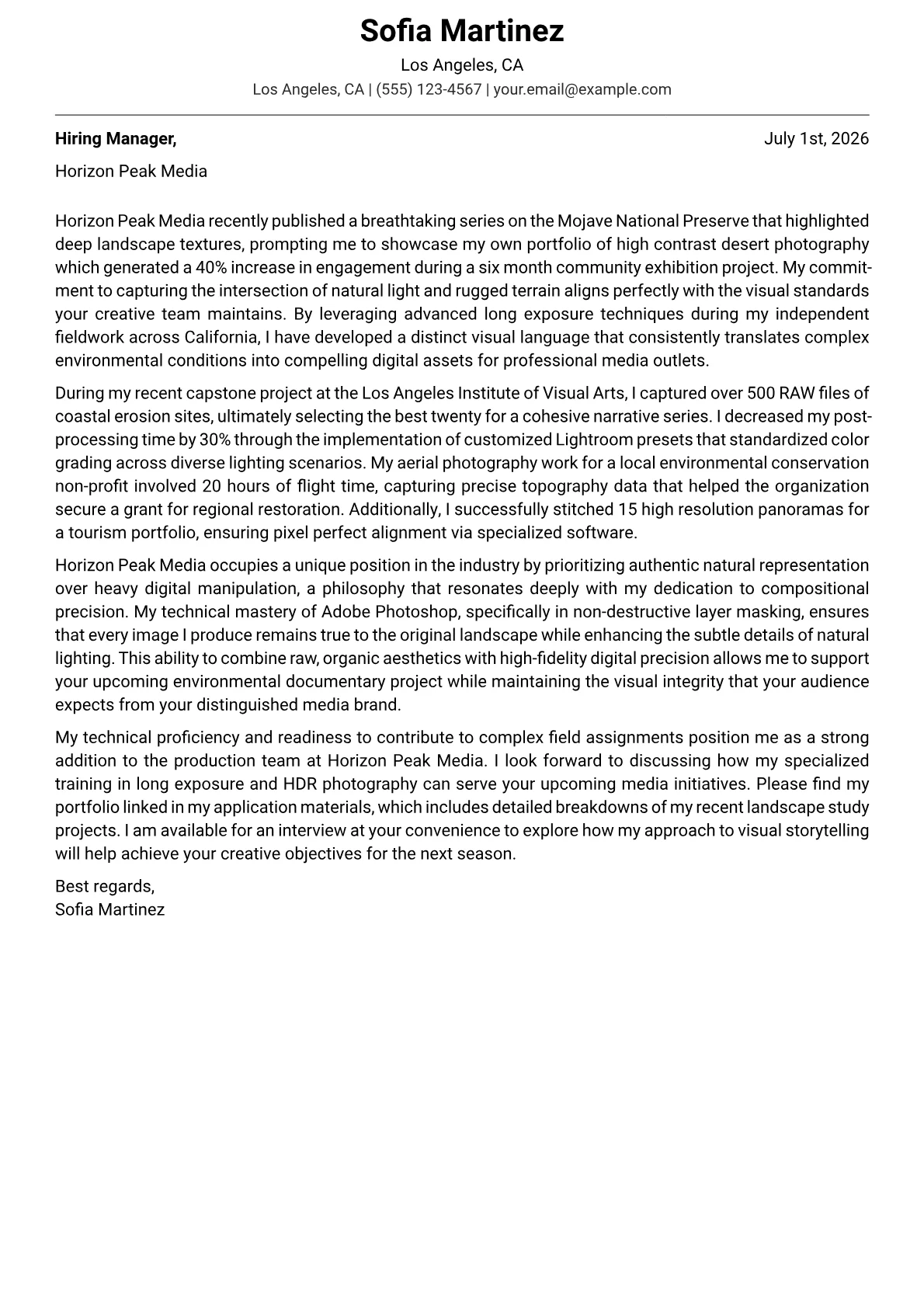 Landscape Photographer cover letter in the Modern design