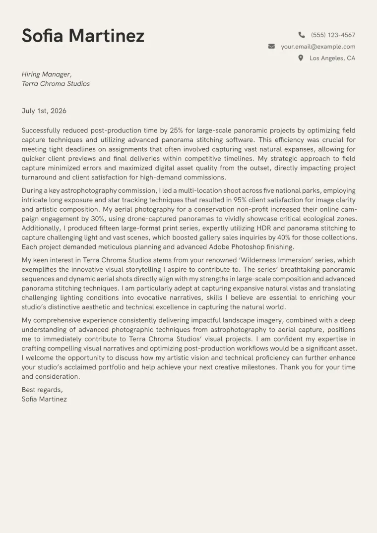 Landscape Photographer Cover Letter Example