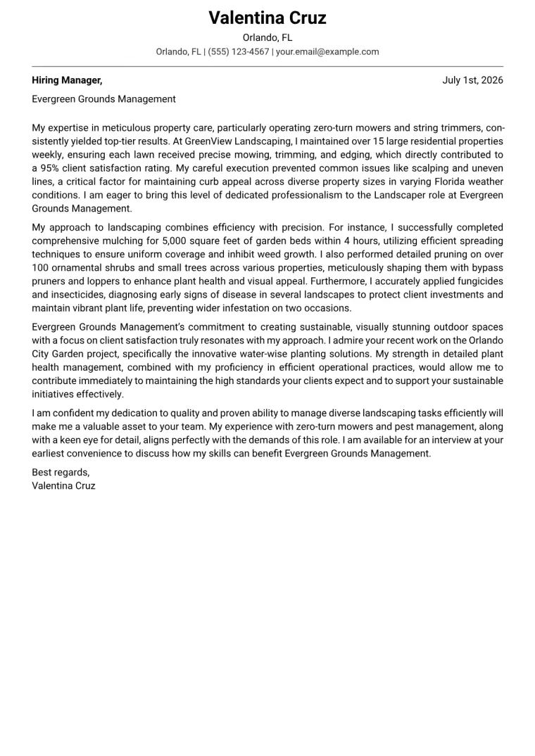 Landscaper Cover Letter Example