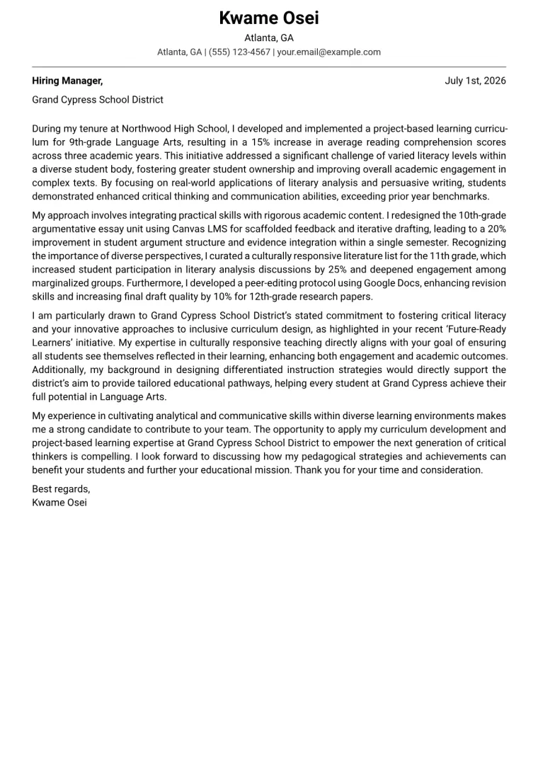 Language Arts Teacher cover letter example preview