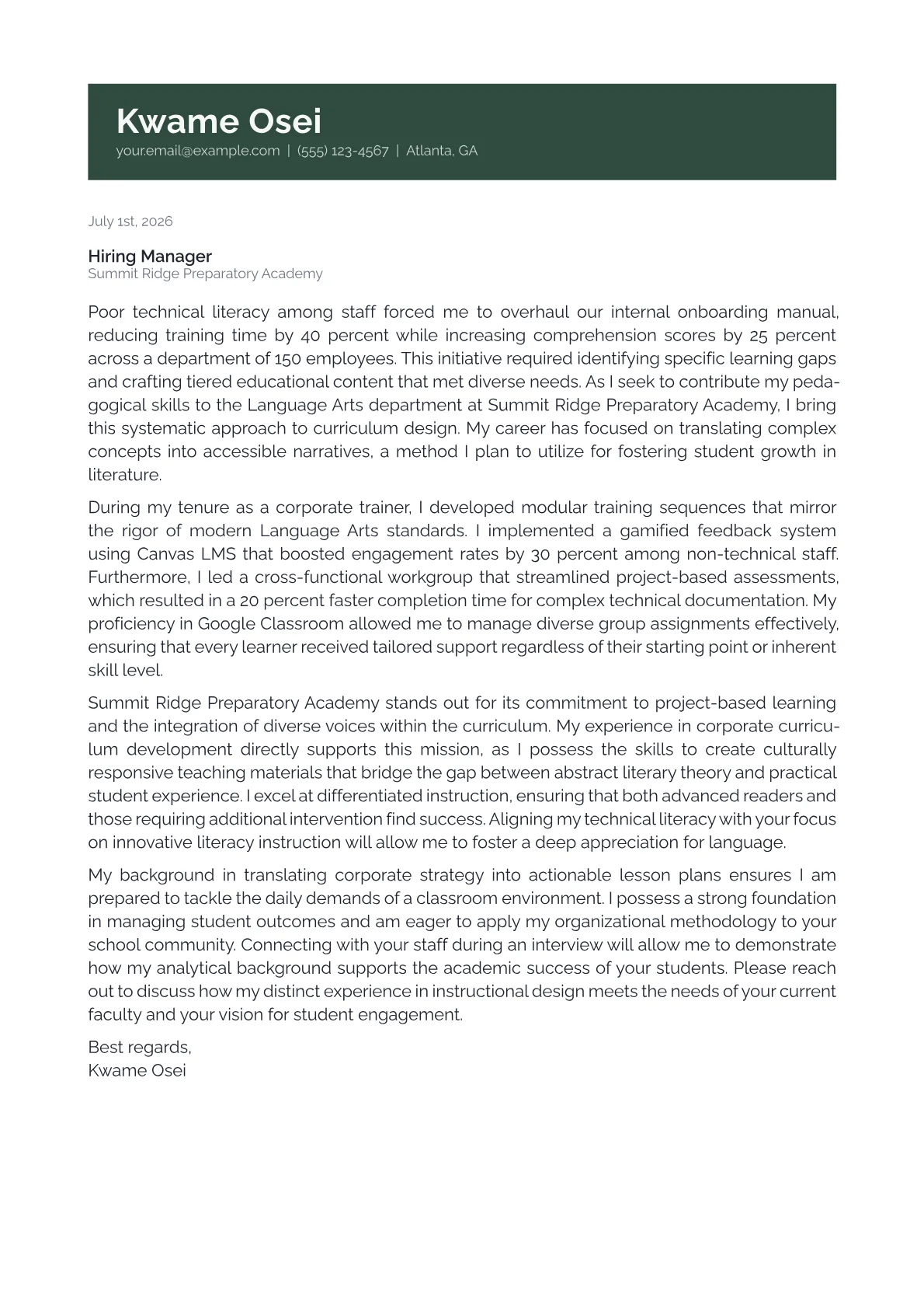 Language Arts Teacher cover letter in the Banner design