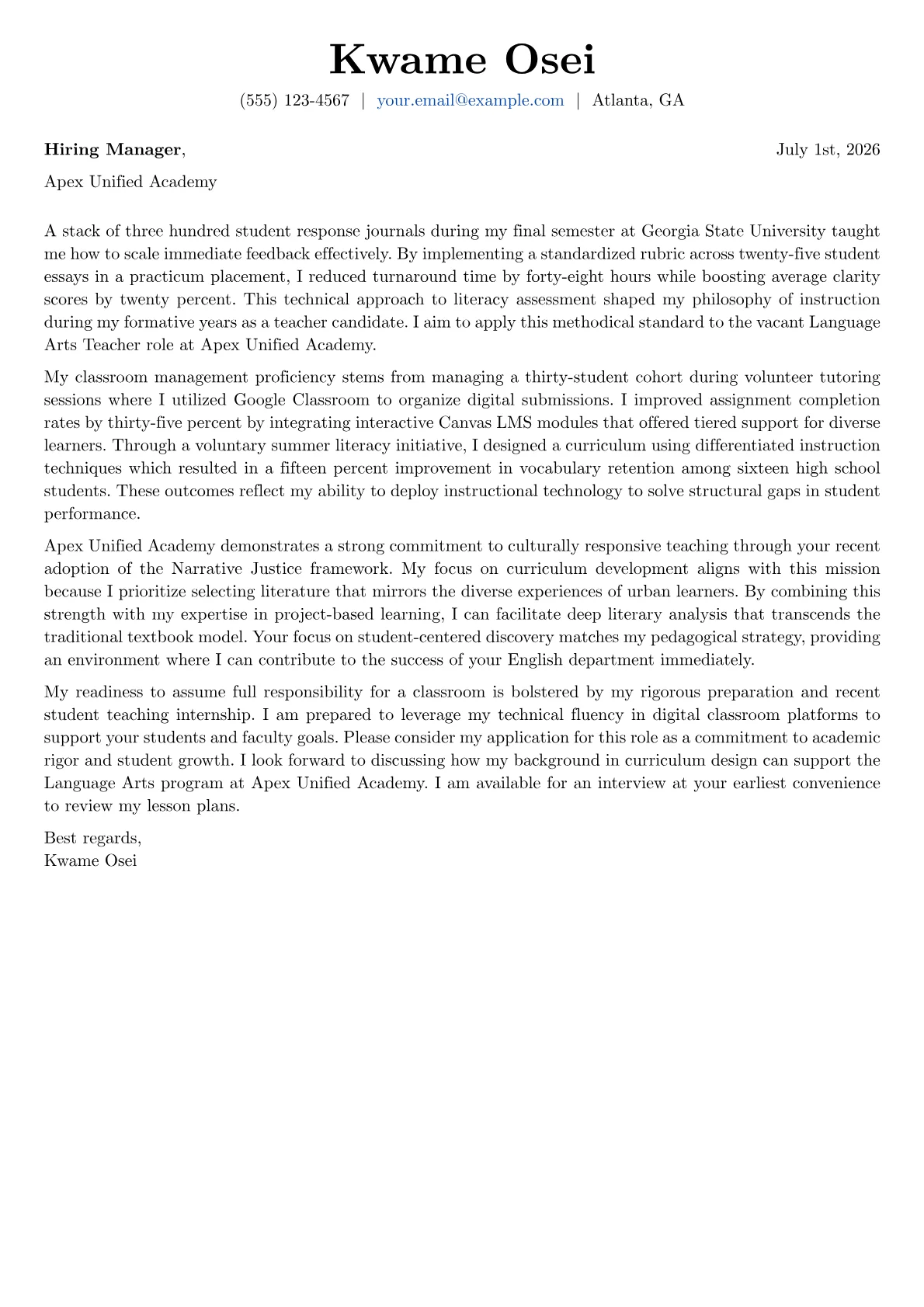 Language Arts Teacher cover letter in the Basic design