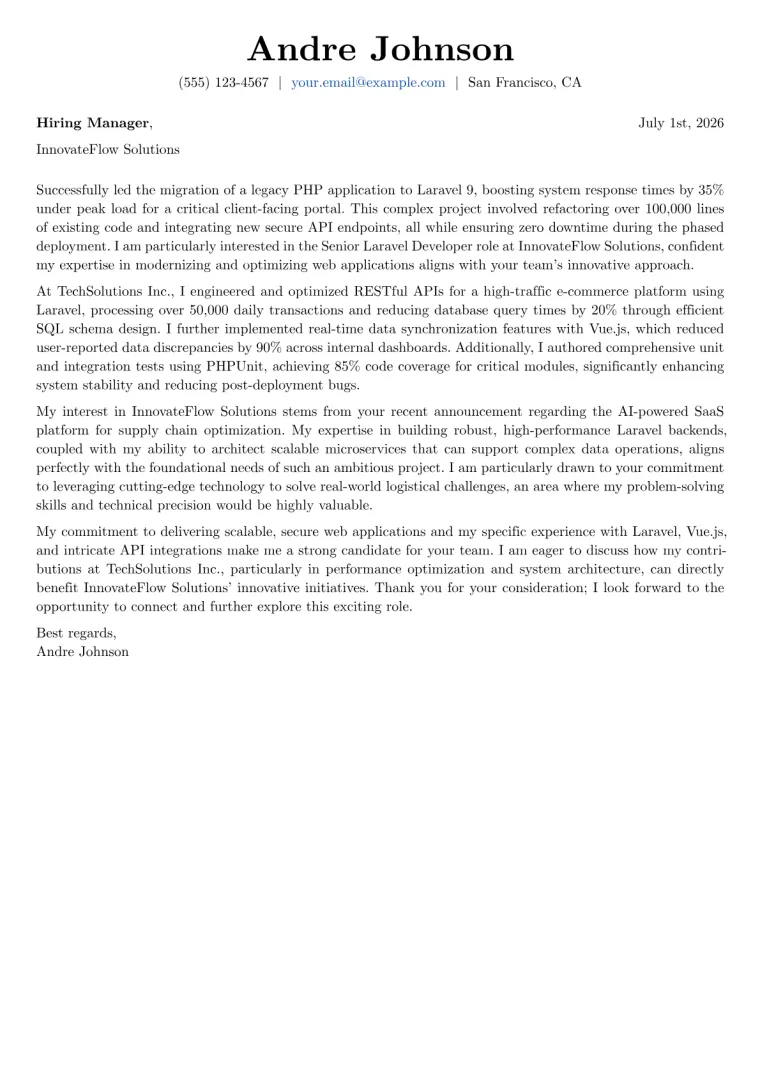 Laravel Developer cover letter example preview