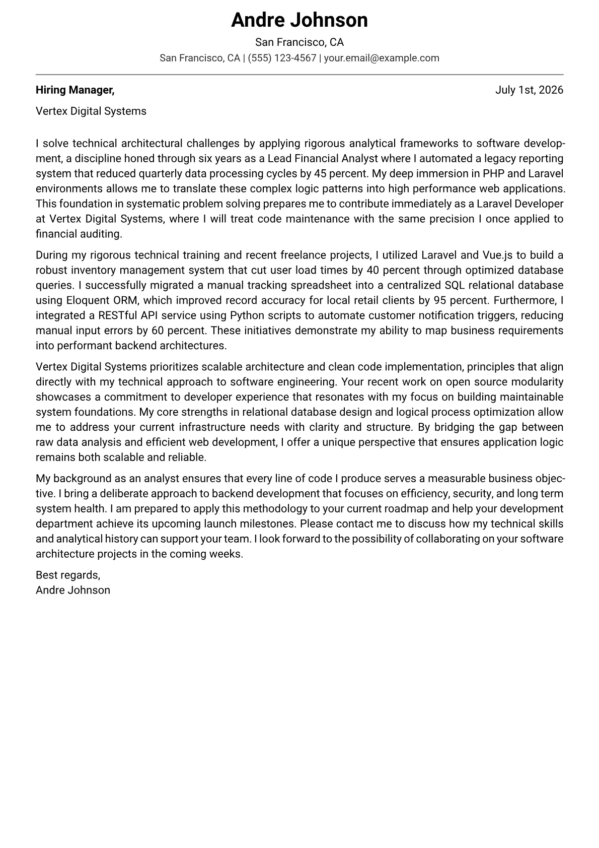 Laravel Developer cover letter in the Modern design