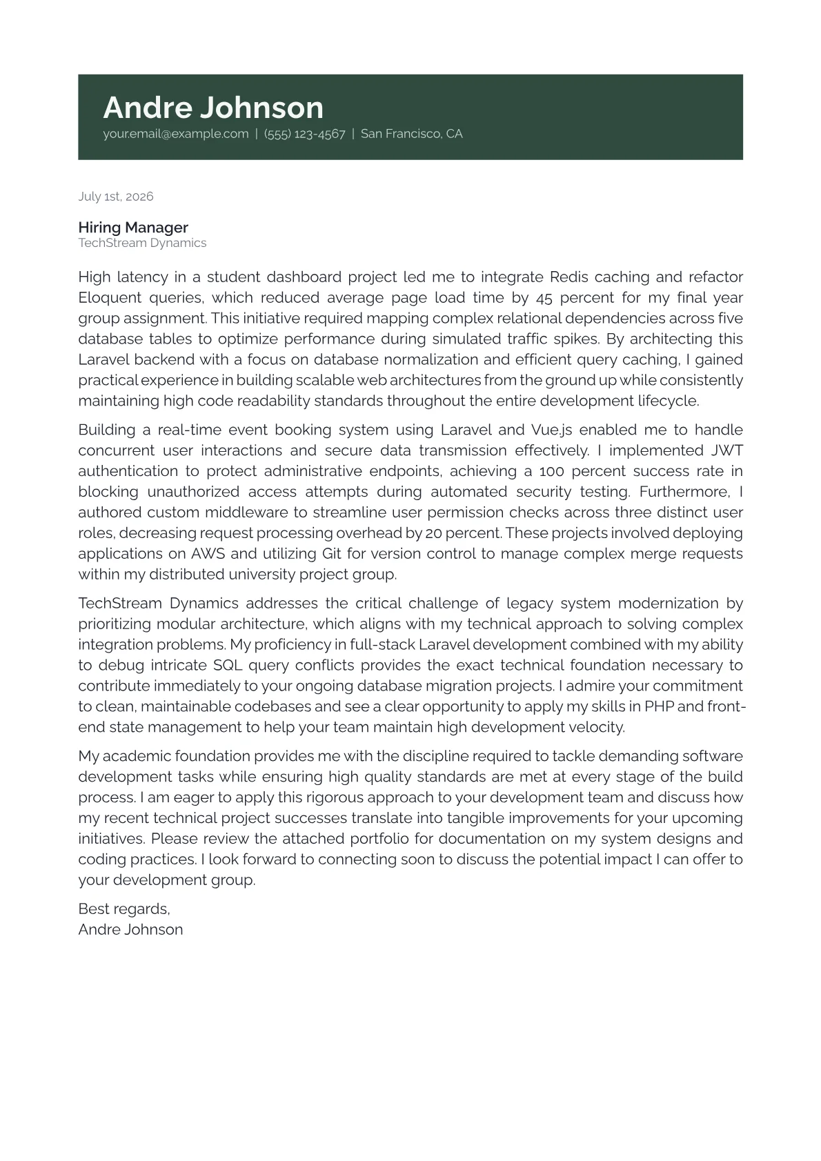 Laravel Developer cover letter in the Banner design