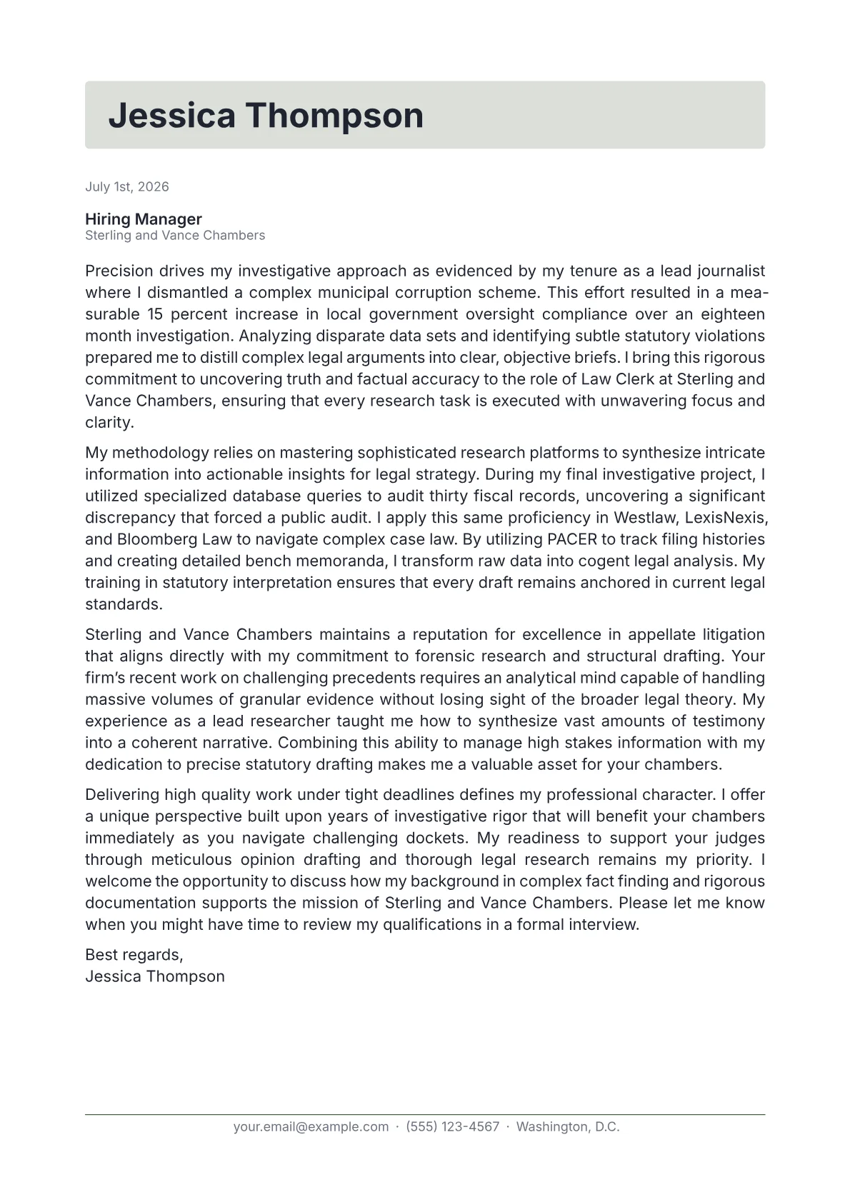 Law Clerk cover letter in the Letterhead design