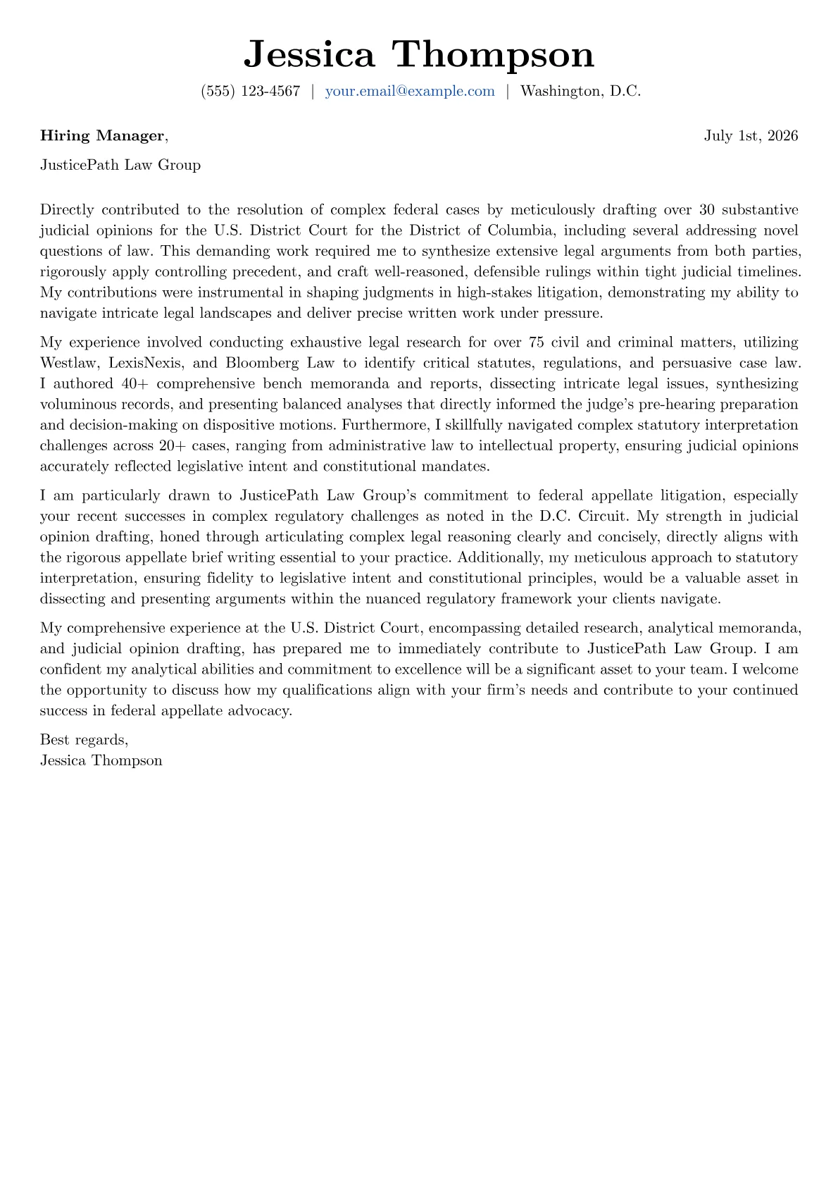 Law Clerk cover letter formatted with a JobSprout template