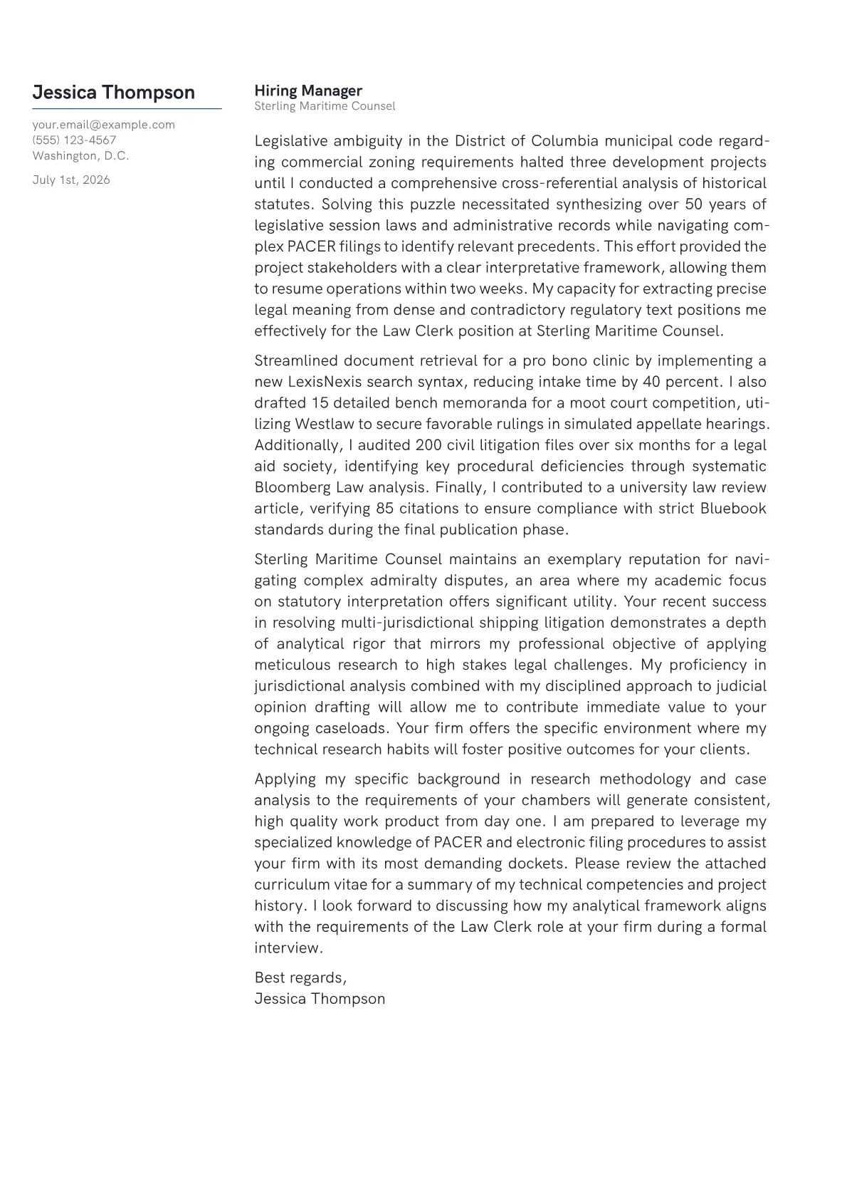 Law Clerk cover letter in the Margin design