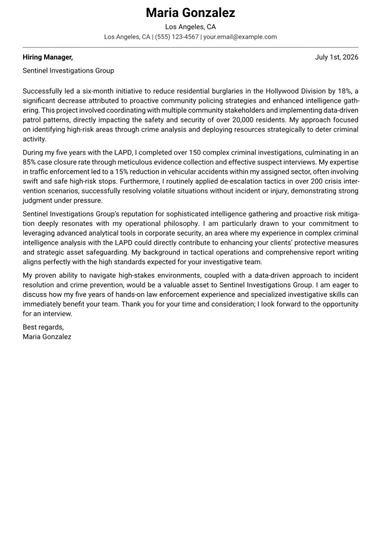Law Enforcement cover letter example preview