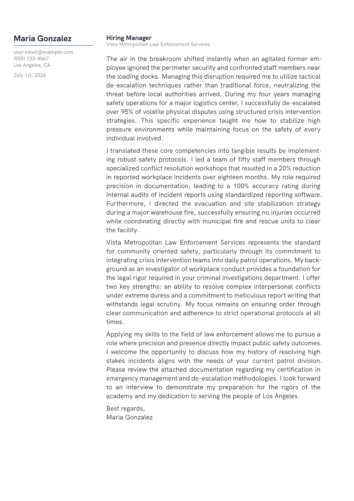 Law Enforcement cover letter in the Margin design