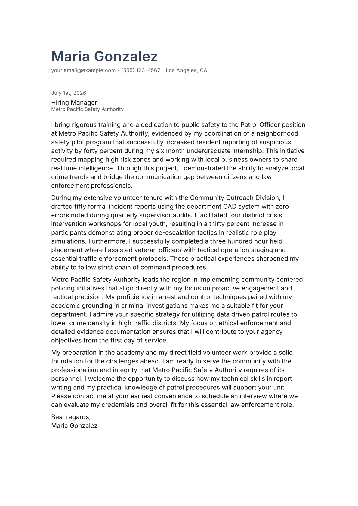 Law Enforcement cover letter in the Minimal design