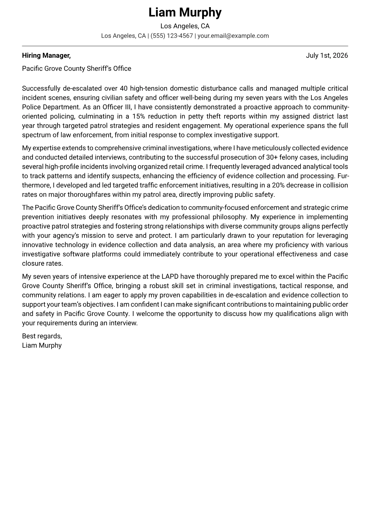 Law Enforcement Officer cover letter formatted with a JobSprout template