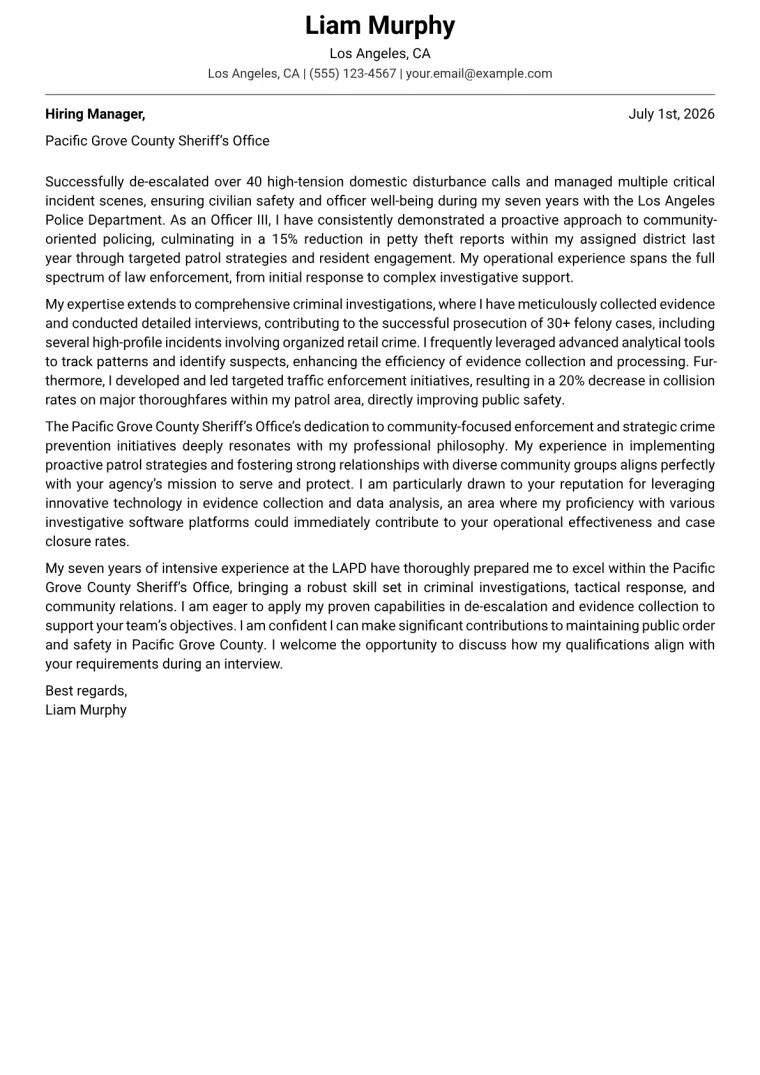 Law Enforcement Officer cover letter example preview