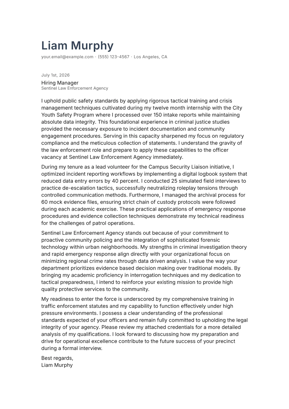 Law Enforcement Officer cover letter in the Minimal design