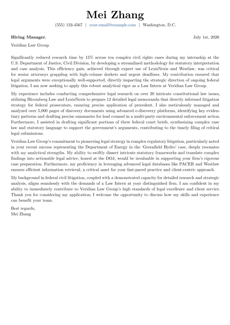 Law Intern Cover Letter Example