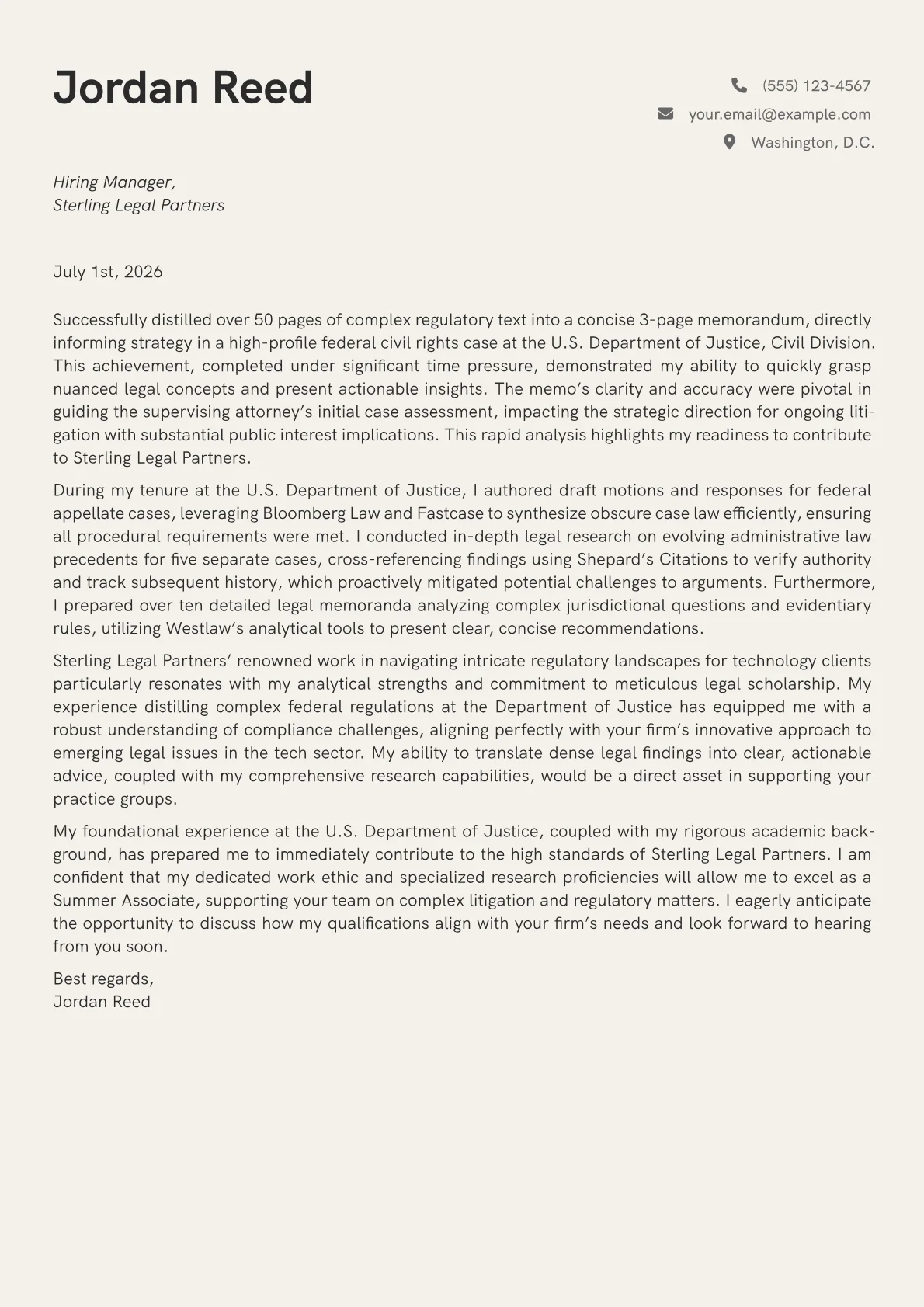 Law Student cover letter formatted with a JobSprout template