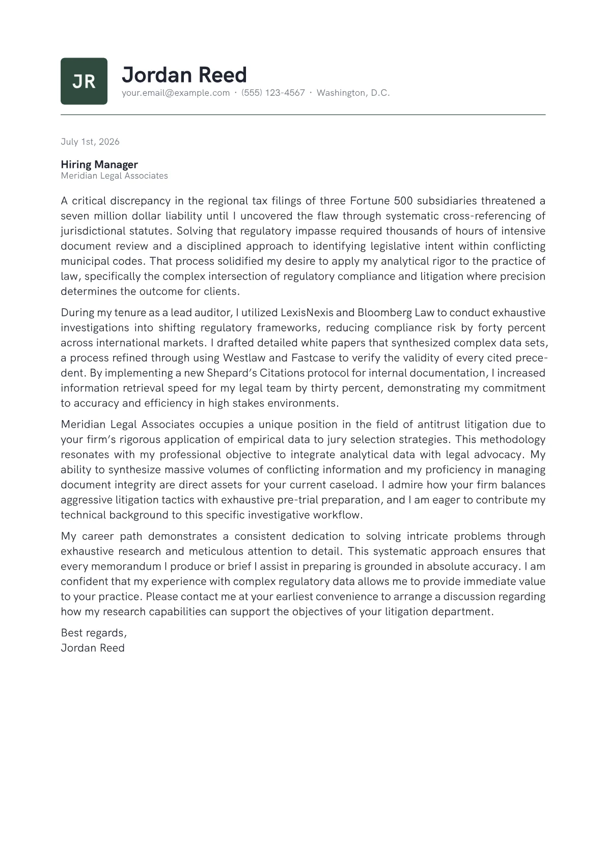 Law Student cover letter in the Emblem design