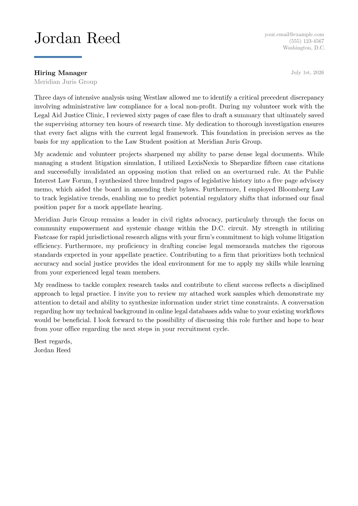 Law Student cover letter in the Executive design
