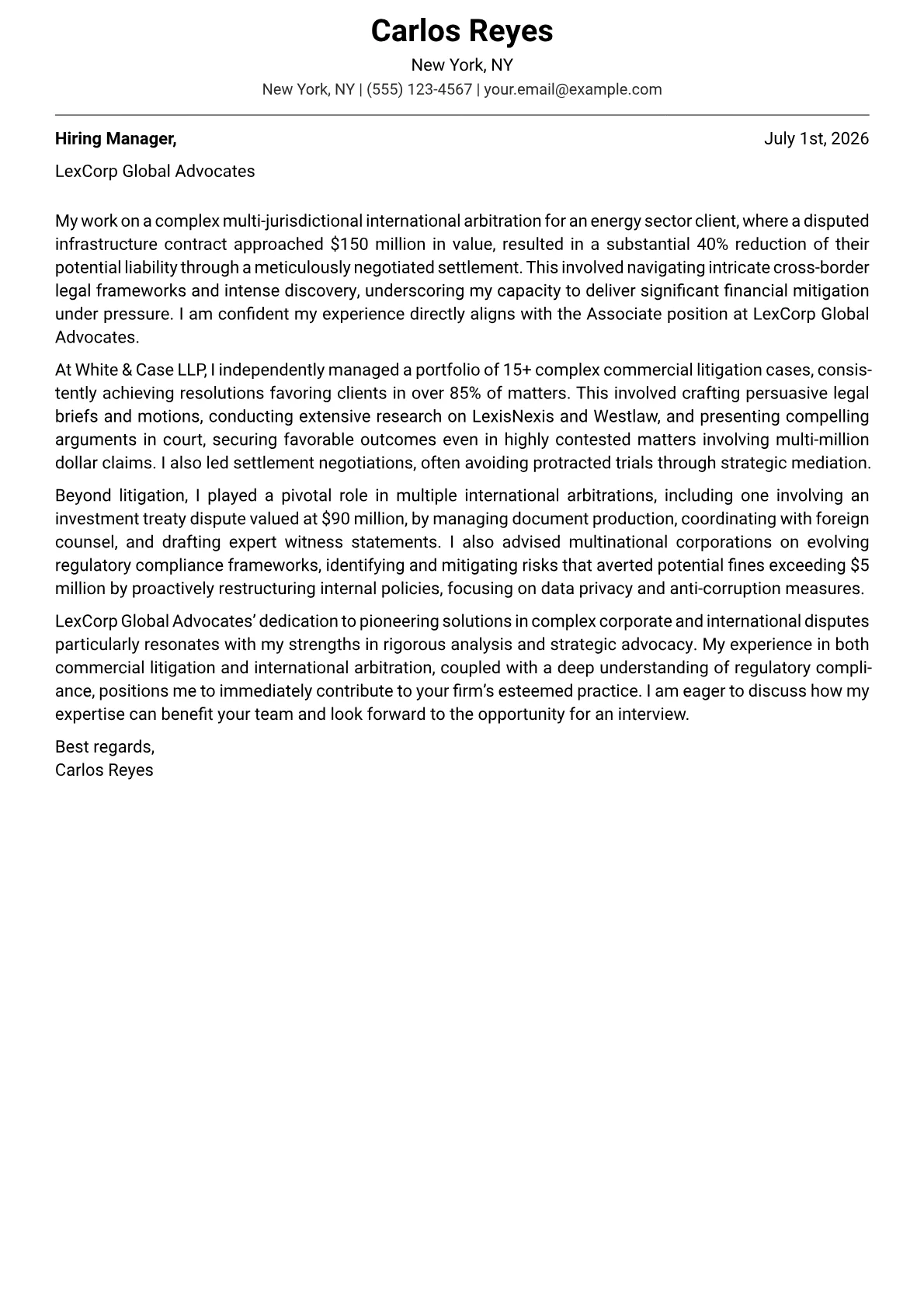 Lawyer cover letter formatted with a JobSprout template