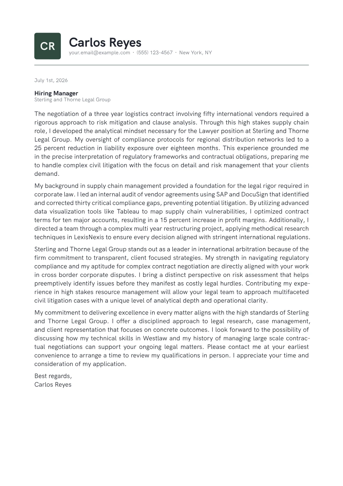 Lawyer cover letter in the Emblem design