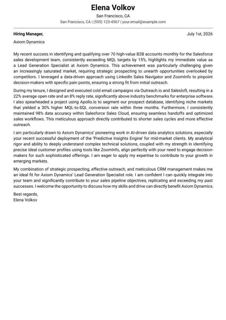 Lead Generation Specialist cover letter example preview
