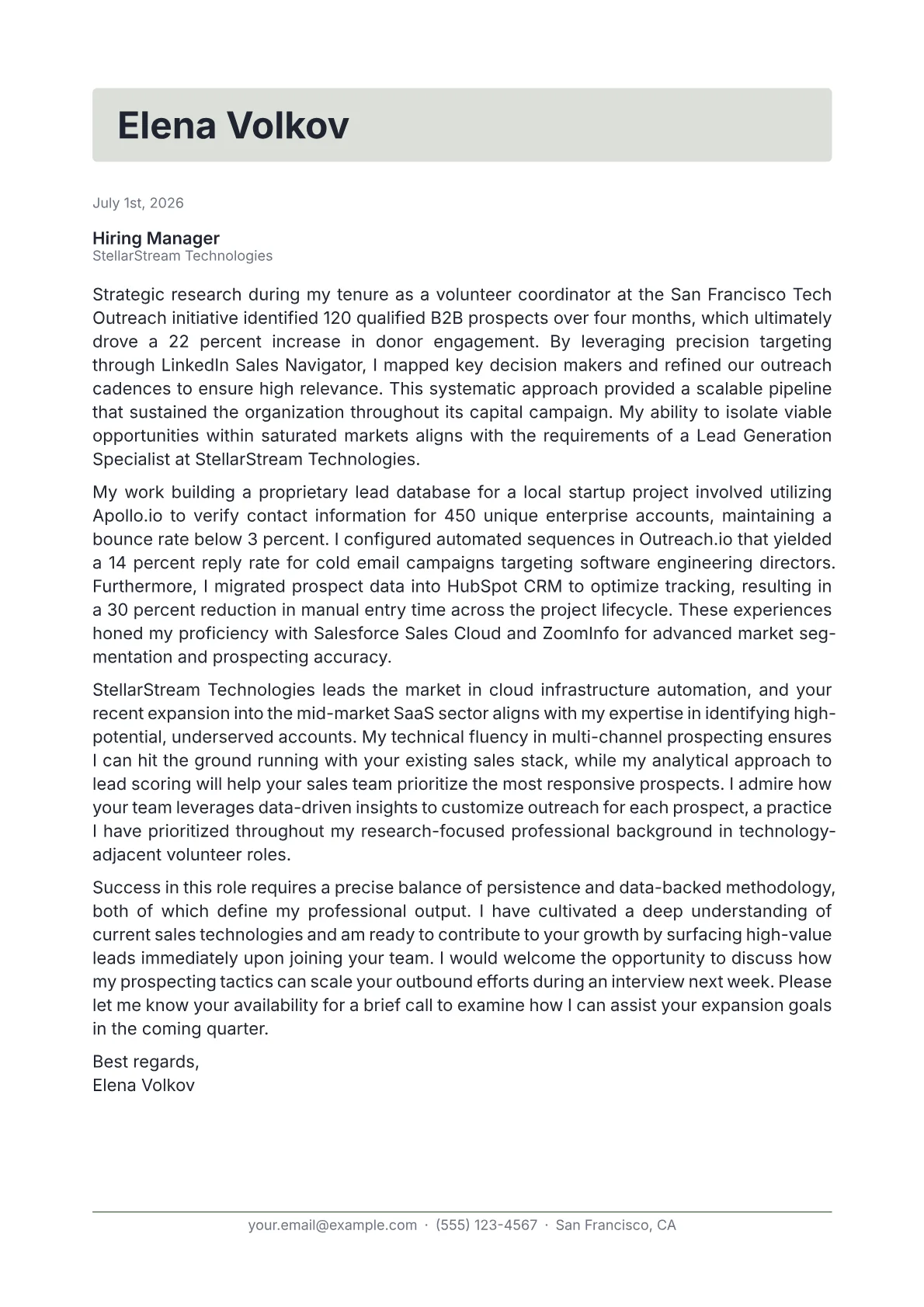 Lead Generation Specialist cover letter in the Letterhead design