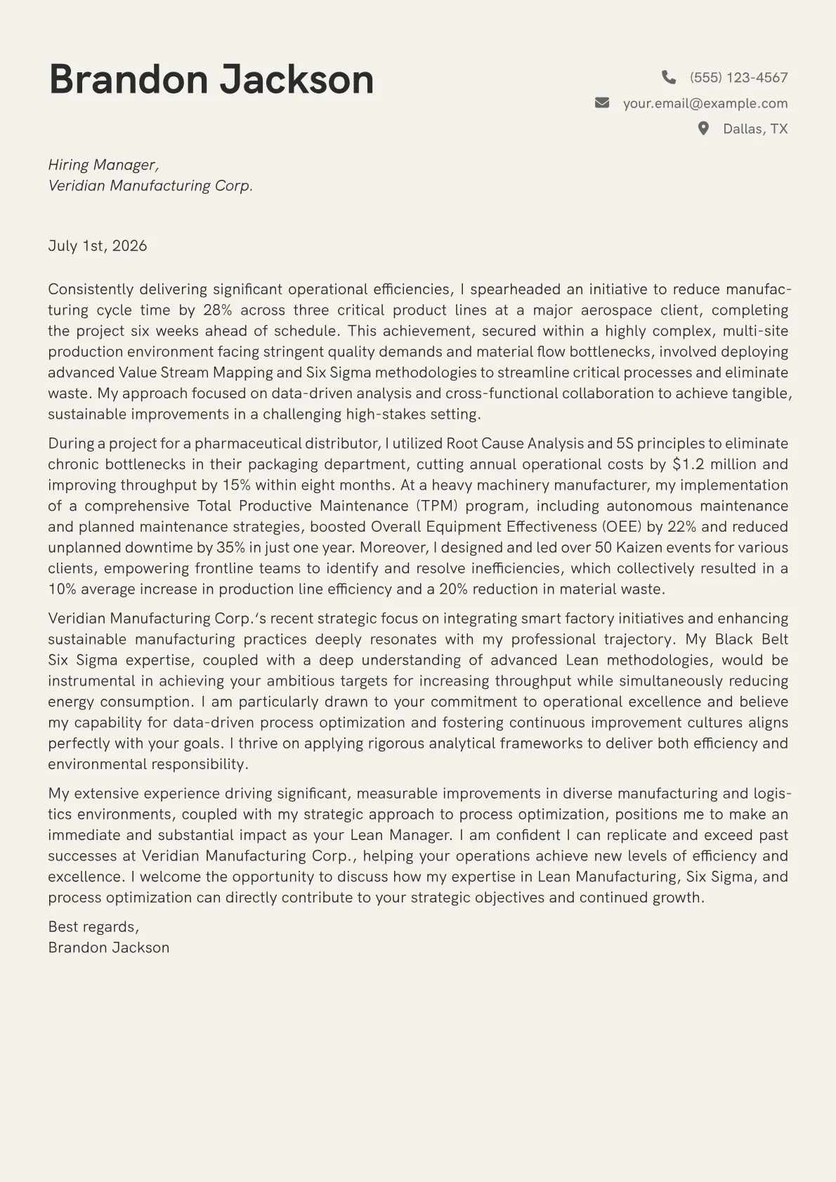 Lean Manager cover letter formatted with a JobSprout template