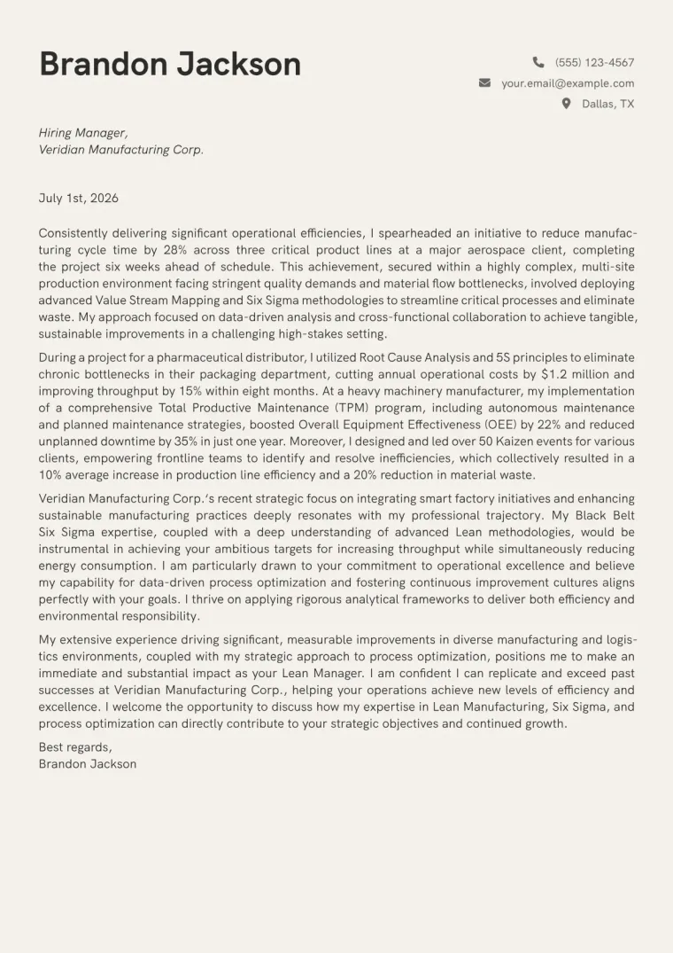 Lean Manager cover letter example preview