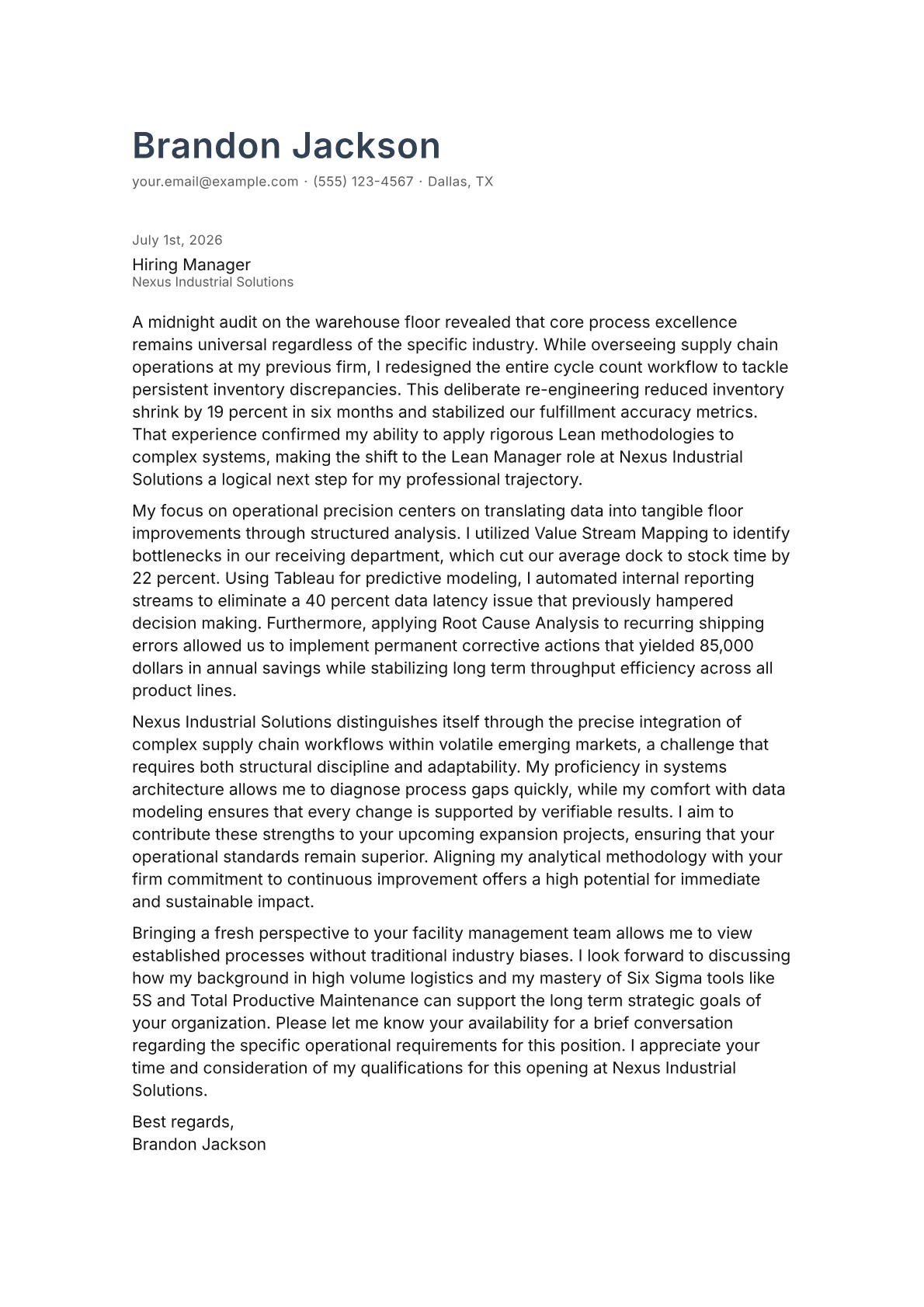 Lean Manager cover letter in the Minimal design