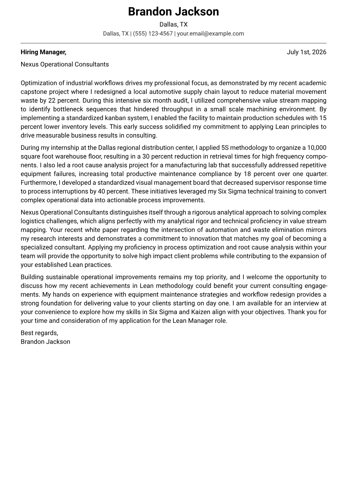 Lean Manager cover letter in the Modern design