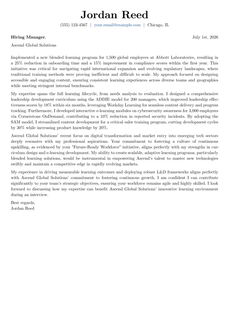 Learning and Development Manager cover letter example preview